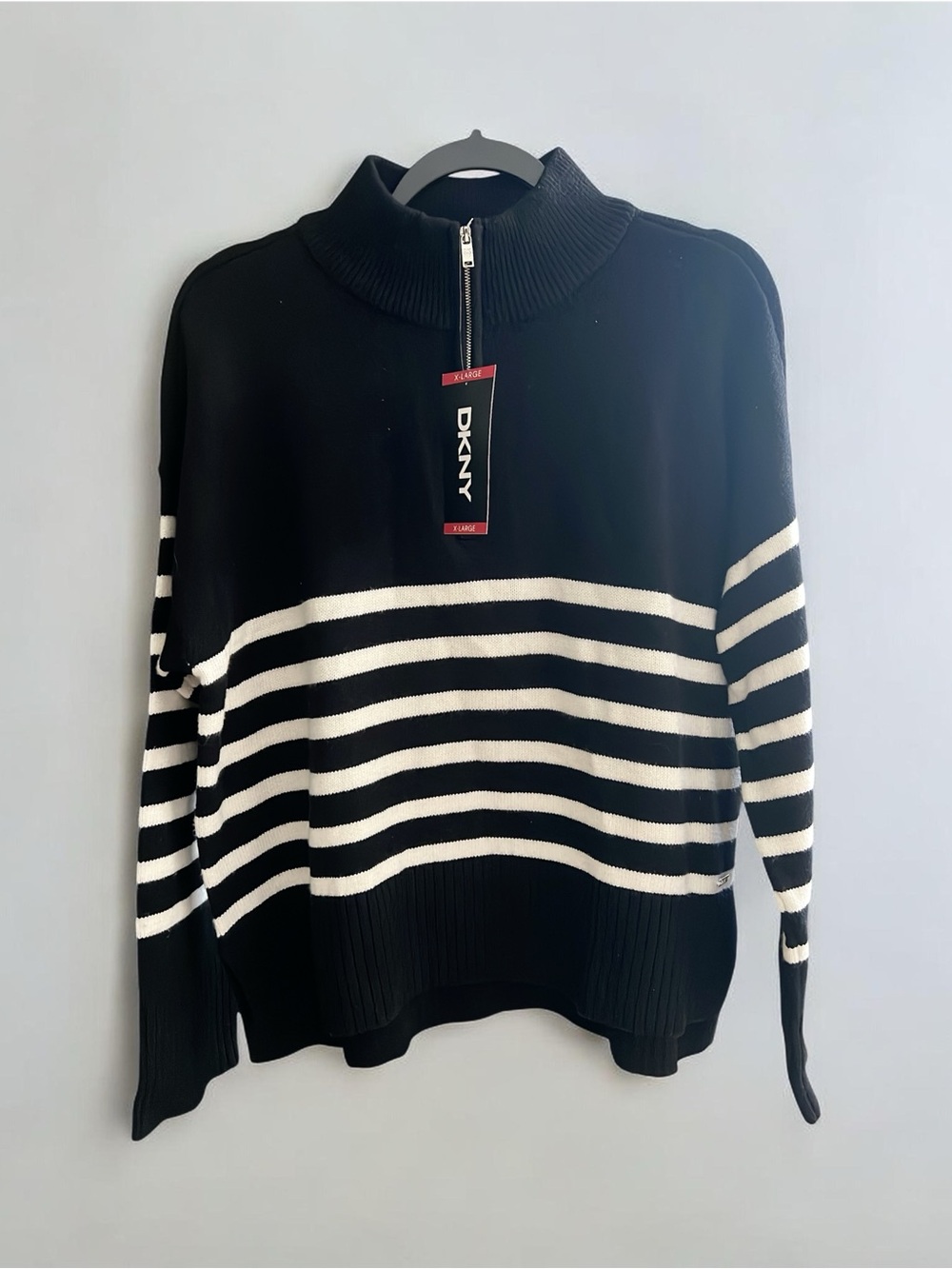 DKNY Black and White Striped Half-Zip Turtleneck Sweater -XL